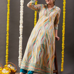 Abstract Printed Mirror, Zari & Coin Tikki Embroidered Mul-Cotton Maxi Dress - Multi & Yellow
