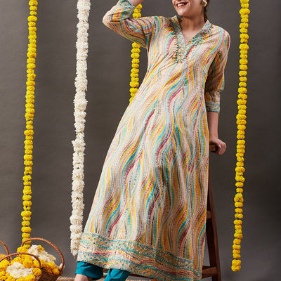 Abstract Printed Mirror, Zari & Coin Tikki Embroidered Mul-Cotton Maxi Dress - Multi & Yellow