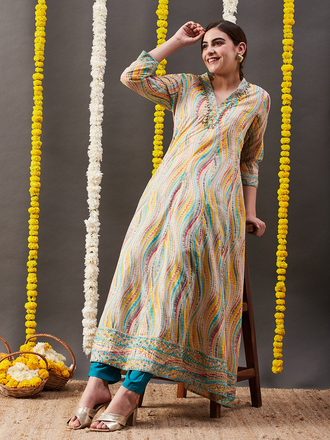 Abstract Printed Mirror, Zari & Coin Tikki Embroidered Mul-Cotton Maxi Dress - Multi & Yellow