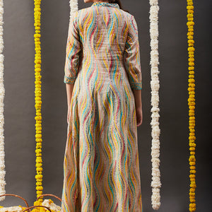 Abstract Printed Mirror, Zari & Coin Tikki Embroidered Mul-Cotton Maxi Dress - Multi & Yellow