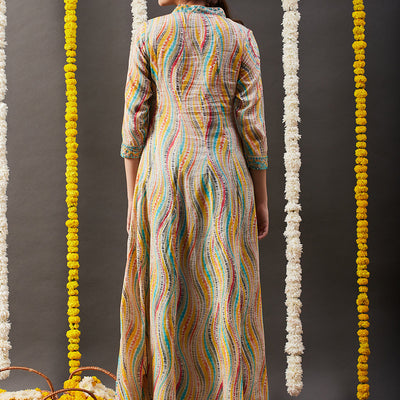 Abstract Printed Mirror, Zari & Coin Tikki Embroidered Mul-Cotton Maxi Dress - Multi & Yellow