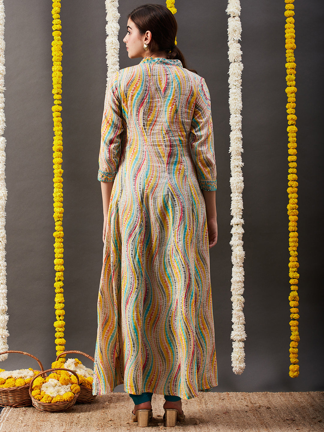 Abstract Printed Mirror, Zari & Coin Tikki Embroidered Mul-Cotton Maxi Dress - Multi & Yellow