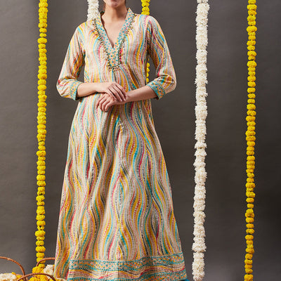 Abstract Printed Mirror, Zari & Coin Tikki Embroidered Mul-Cotton Maxi Dress - Multi & Yellow