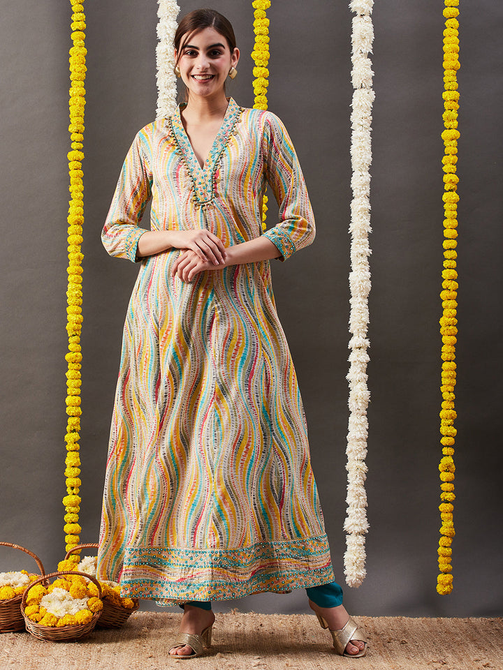 Abstract Printed Mirror, Zari & Coin Tikki Embroidered Mul-Cotton Maxi Dress - Multi & Yellow