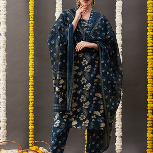 Floral Printed Straight Kurta with Pant & Dupatta - Blue