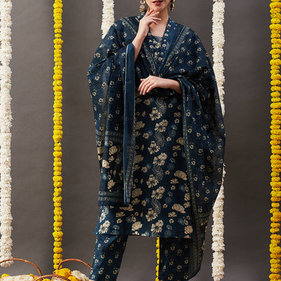 Floral Printed Straight Kurta with Pant & Dupatta - Blue