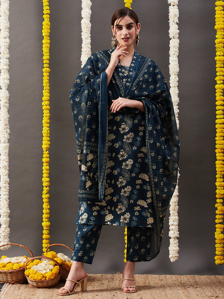 Floral Printed Straight Kurta with Pant & Dupatta - Blue