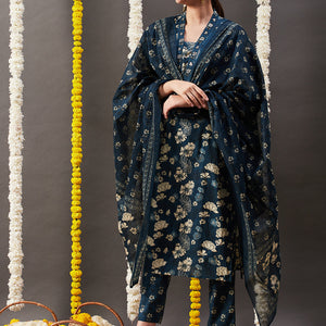 Floral Printed Straight Kurta with Pant & Dupatta - Blue
