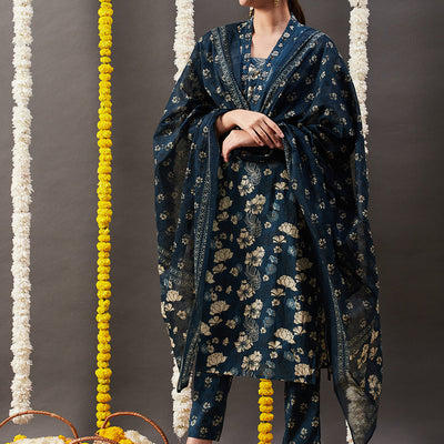 Floral Printed Straight Kurta with Pant & Dupatta - Blue