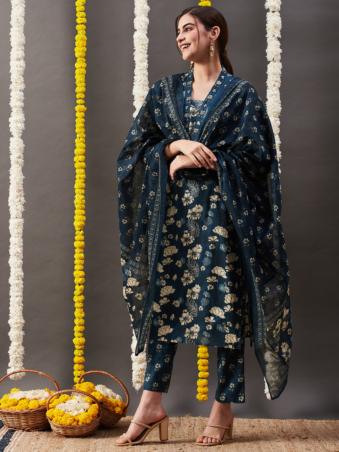 Floral Printed Straight Kurta with Pant & Dupatta - Blue