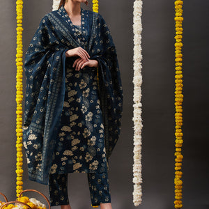 Floral Printed Straight Kurta with Pant & Dupatta - Blue