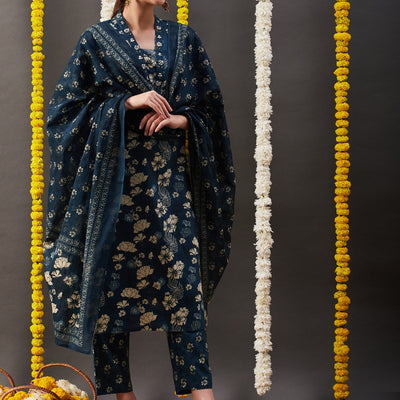 Floral Printed Straight Kurta with Pant & Dupatta - Blue