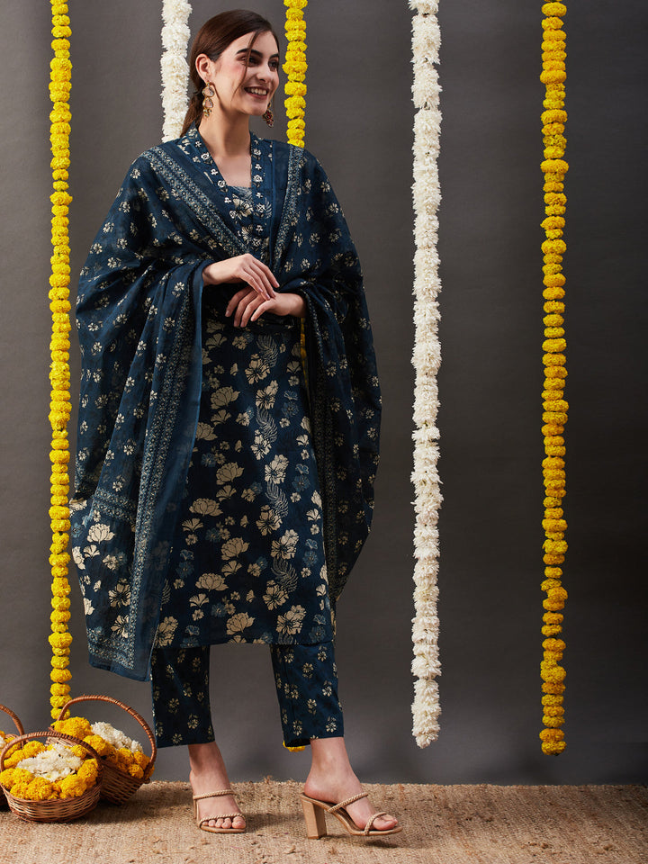 Floral Printed Straight Kurta with Pant & Dupatta - Blue