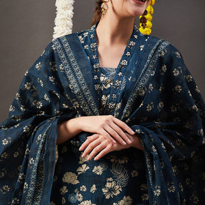 Floral Printed Straight Kurta with Pant & Dupatta - Blue