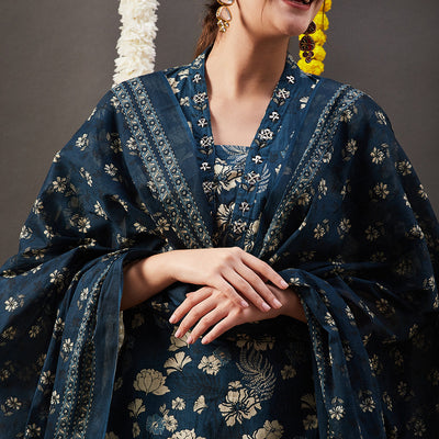 Floral Printed Straight Kurta with Pant & Dupatta - Blue