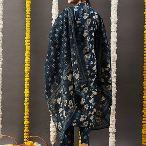 Floral Printed Straight Kurta with Pant & Dupatta - Blue