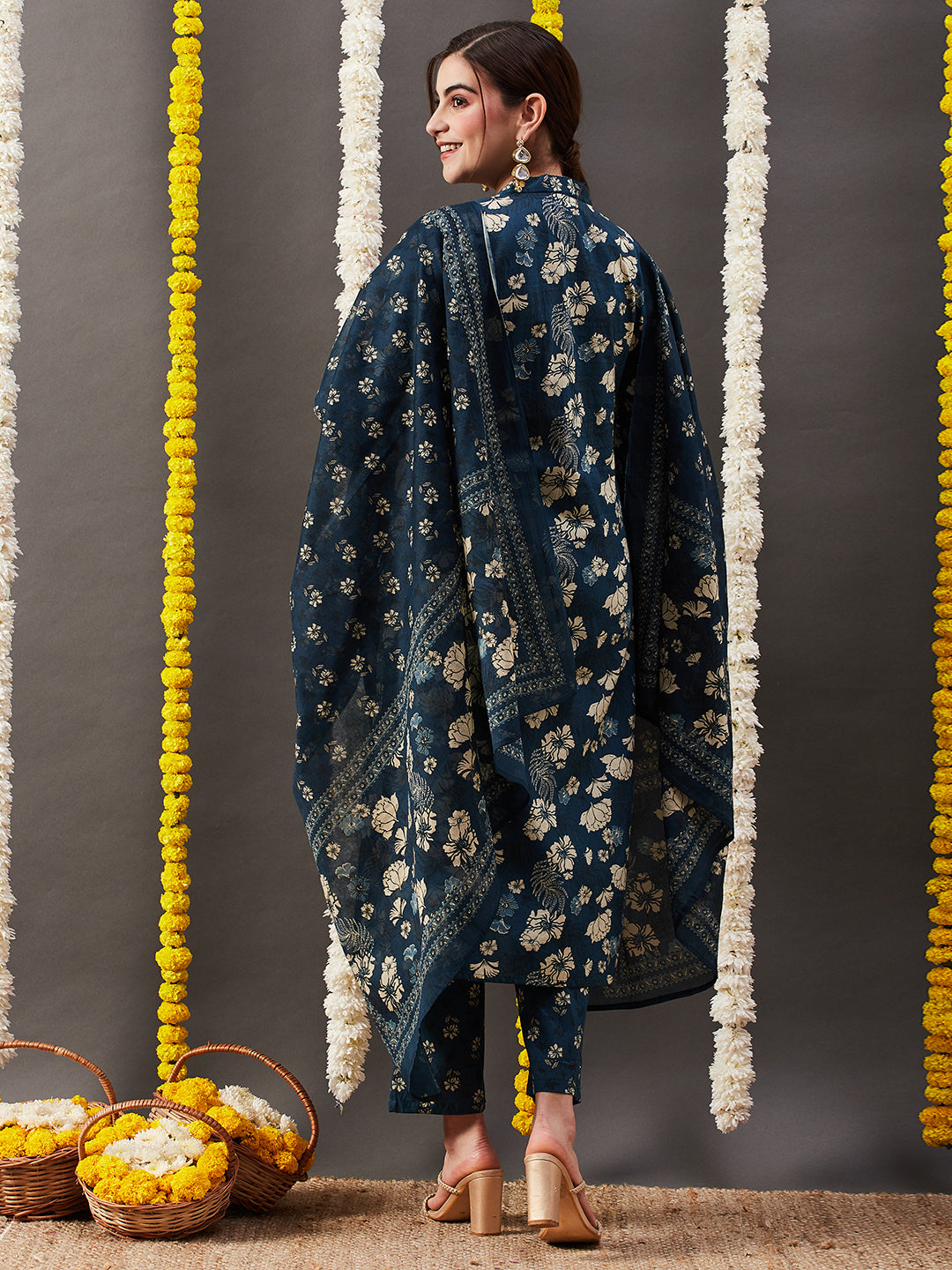 Floral Printed Straight Kurta with Pant & Dupatta - Blue