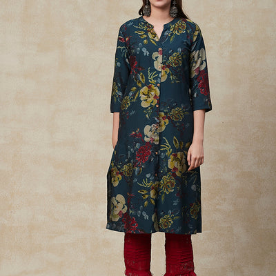 Floral Printed Wooden Buttoned A-line Kurta - Green