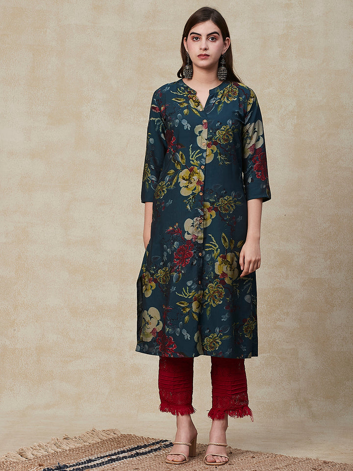 Floral Printed Wooden Buttoned A-line Kurta - Green