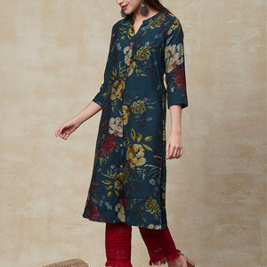 Floral Printed Wooden Buttoned A-line Kurta - Green