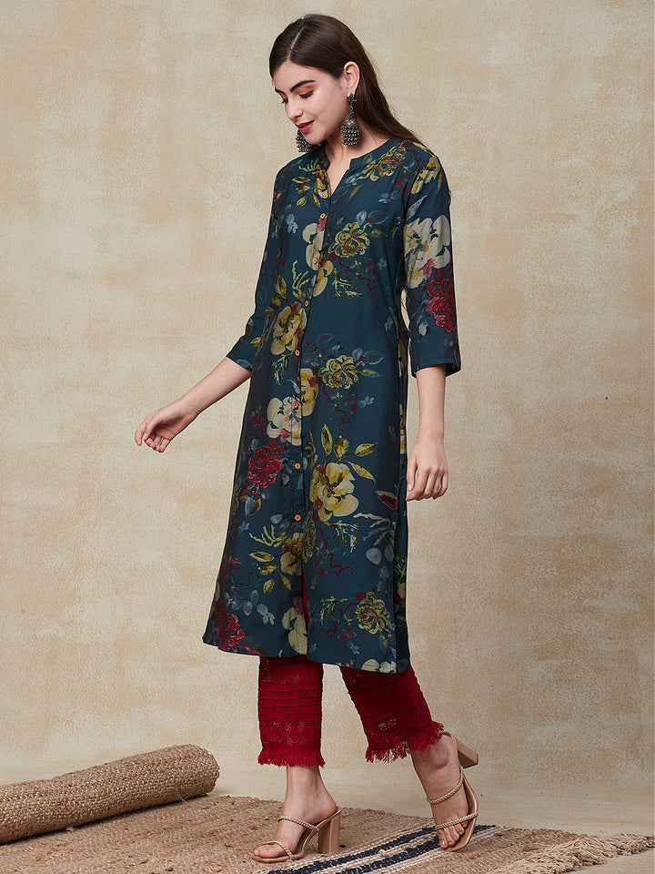 Floral Printed Wooden Buttoned A-line Kurta - Green