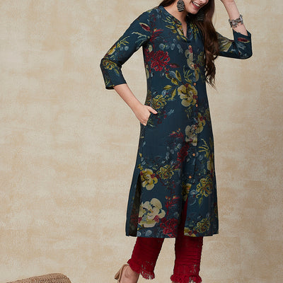 Floral Printed Wooden Buttoned A-line Kurta - Green