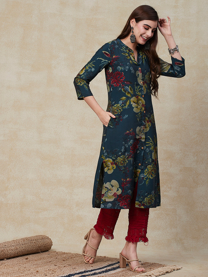 Floral Printed Wooden Buttoned A-line Kurta - Green