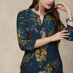 Floral Printed Wooden Buttoned A-line Kurta - Green