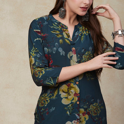 Floral Printed Wooden Buttoned A-line Kurta - Green