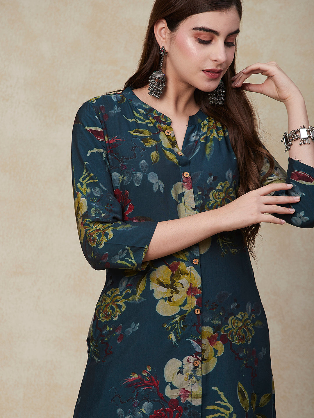 Floral Printed Wooden Buttoned A-line Kurta - Green