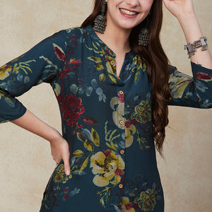 Floral Printed Wooden Buttoned A-line Kurta - Green