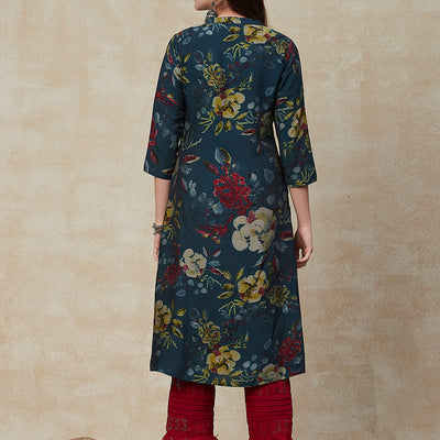 Floral Printed Wooden Buttoned A-line Kurta - Green