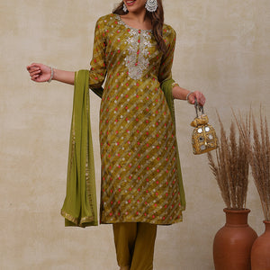 Bandhani Printed Gotapatti Embroidered Jacquard Kurta with Pants & Dupatta - Olive Green
