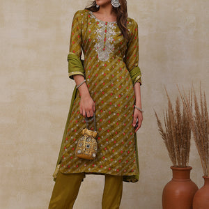 Bandhani Printed Gotapatti Embroidered Jacquard Kurta with Pants & Dupatta - Olive Green