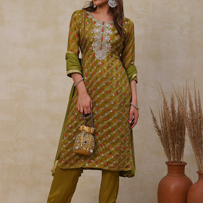 Bandhani Printed Gotapatti Embroidered Jacquard Kurta with Pants & Dupatta - Olive Green