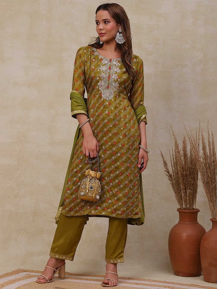 Bandhani Printed Gotapatti Embroidered Jacquard Kurta with Pants & Dupatta - Olive Green