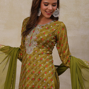 Bandhani Printed Gotapatti Embroidered Jacquard Kurta with Pants & Dupatta - Olive Green