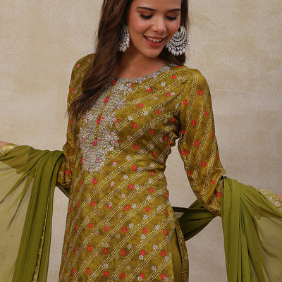 Bandhani Printed Gotapatti Embroidered Jacquard Kurta with Pants & Dupatta - Olive Green