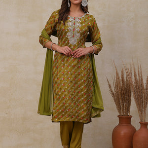 Bandhani Printed Gotapatti Embroidered Jacquard Kurta with Pants & Dupatta - Olive Green