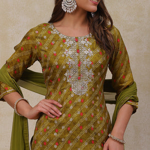 Bandhani Printed Gotapatti Embroidered Jacquard Kurta with Pants & Dupatta - Olive Green