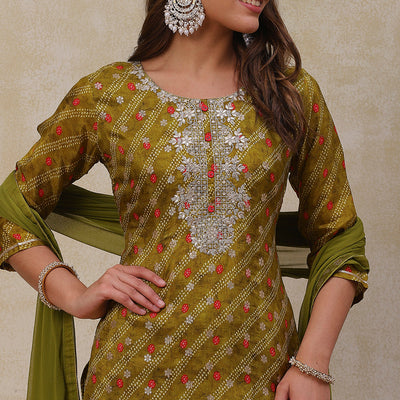 Bandhani Printed Gotapatti Embroidered Jacquard Kurta with Pants & Dupatta - Olive Green