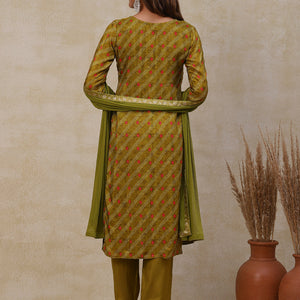 Bandhani Printed Gotapatti Embroidered Jacquard Kurta with Pants & Dupatta - Olive Green