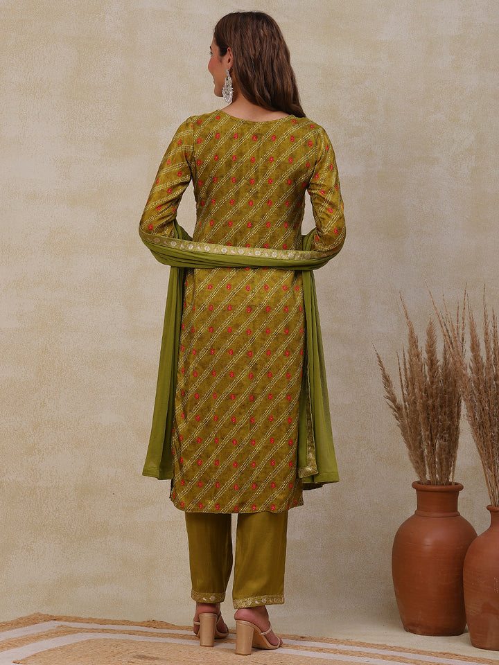 Bandhani Printed Gotapatti Embroidered Jacquard Kurta with Pants & Dupatta - Olive Green