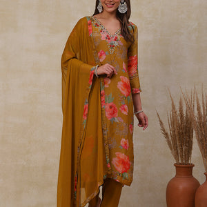 Floral Printed Zardozi Embroidered shimmer Kurta with Pants & Dupatta - Mustard