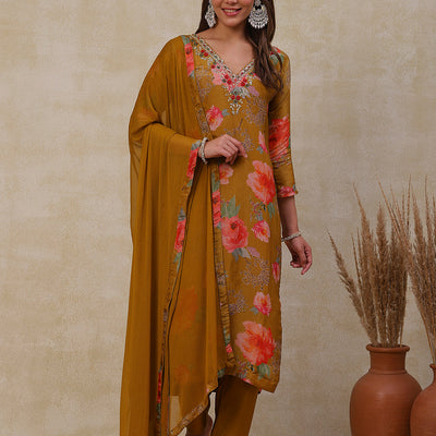 Floral Printed Zardozi Embroidered shimmer Kurta with Pants & Dupatta - Mustard