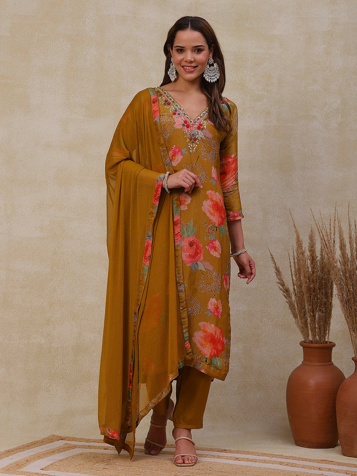 Floral Printed Zardozi Embroidered shimmer Kurta with Pants & Dupatta - Mustard