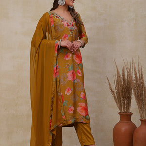 Floral Printed Zardozi Embroidered shimmer Kurta with Pants & Dupatta - Mustard