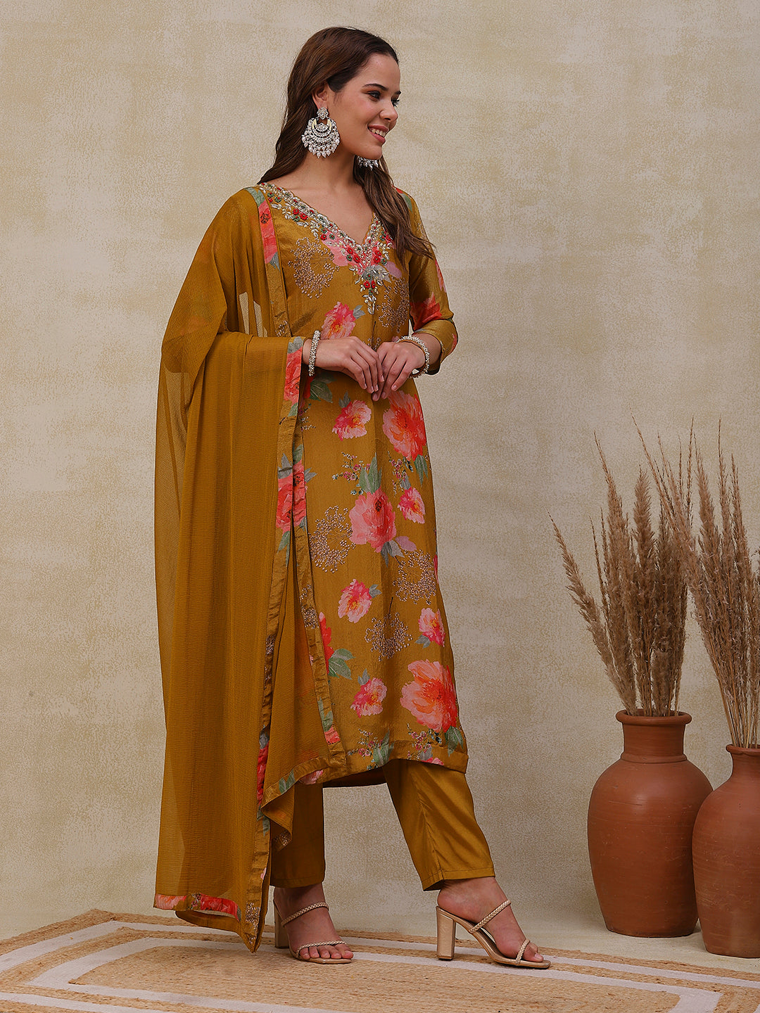 Floral Printed Zardozi Embroidered shimmer Kurta with Pants & Dupatta - Mustard