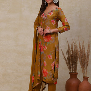 Floral Printed Zardozi Embroidered shimmer Kurta with Pants & Dupatta - Mustard