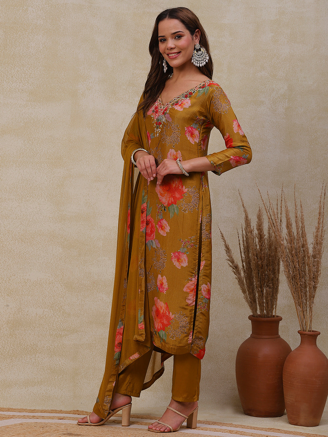 Floral Printed Zardozi Embroidered shimmer Kurta with Pants & Dupatta - Mustard